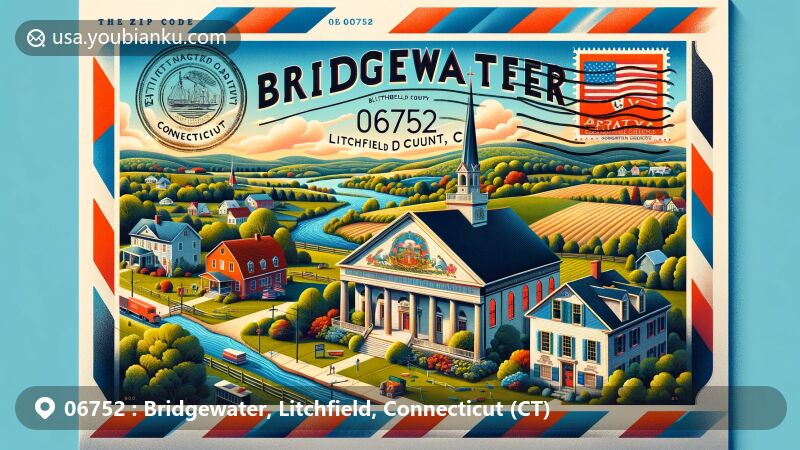 Modern illustration of Bridgewater, Litchfield County, Connecticut, showcasing postal theme with ZIP code 06752, featuring historic landmarks like Bridgewater Congregational Church and Greek Revival style residences, reflecting the town's architectural heritage. Scenic hills and rural landscapes in the background depict Bridgewater's agricultural background. The envelope is adorned with Connecticut flag postage stamp, '06752 Bridgewater, CT' postmark, and classic red-blue airmail border. Vibrant, colorful, and contemporary style suitable for showcasing Bridgewater's unique charm on websites.