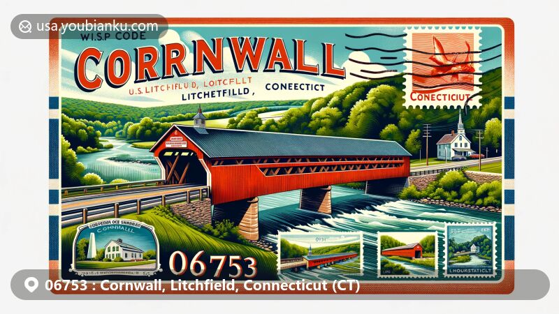 Modern illustration of West Cornwall Covered Bridge in Cornwall, Litchfield, Connecticut, featuring ZIP code 06753 and local cultural and historical elements, including Connecticut state flag and Mohawk State Forest.