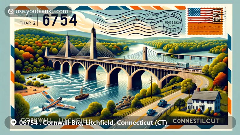 现代插图展示了美国邮政编码06754所代表的康沃尔桥、利奇菲尔德、康涅狄格州地区。中心描绘了康沃尔桥，这座历史悠久的双车道混凝土拱桥跨越霍萨托尼克河，象征着康沃尔和沙伦的连接。周围展示了茂密绿植的利奇菲尔德山和宁静的霍萨托尼克河，体现了康涅狄格州西北部的自然美景。插图的两侧融合了邮政元素，如邮票、邮戳和突出显示的邮政编码06754。整体现代创意，适合展示在网站上。