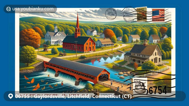 Modern illustration of Gaylordsville, Litchfield County, Connecticut, capturing the charm of historic sites like Brown's Forge and the Little Red Schoolhouse, along with Bull's Bridge, set against the county's scenic backdrop, featuring vintage postal elements and ZIP code 06755.