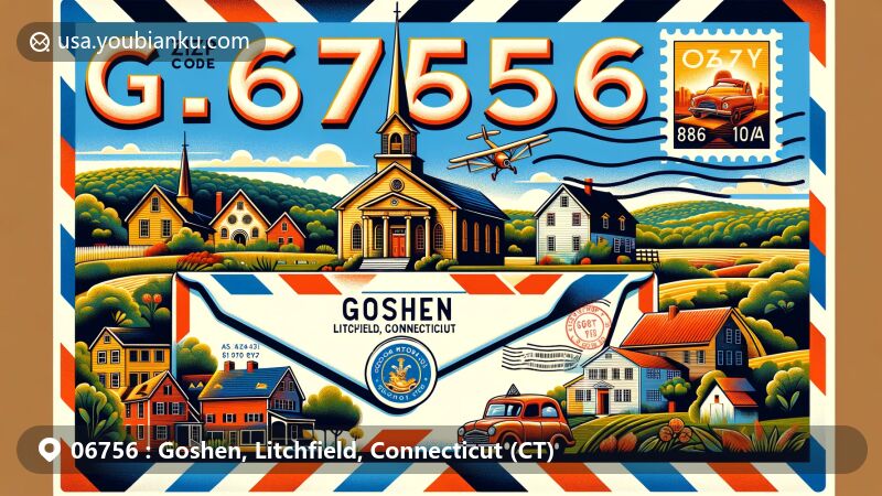 Modern illustration of Goshen, Litchfield, Connecticut, featuring iconic landmarks and elements of the town with ZIP code 06756, including Congregational Church, colonial house, Ivy Mountain State Park, and Connecticut state symbols.