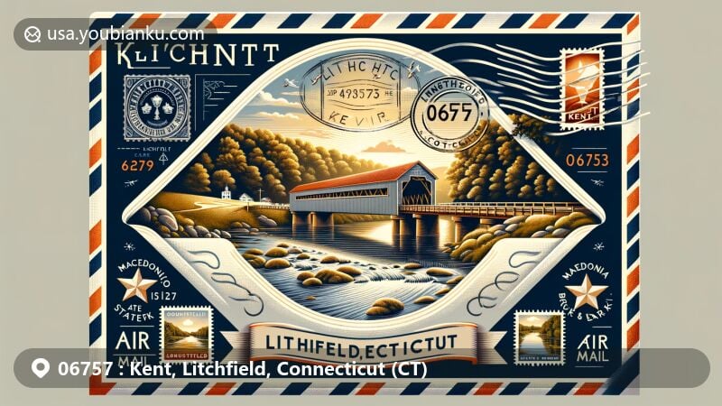 Modern illustration of Kent, Litchfield County, Connecticut, featuring Bull's Bridge over Housatonic River, Macedonia Brook State Park, and postal theme with ZIP code 06757.