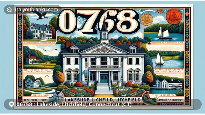 Modern illustration of Lakeside area in Litchfield County, Connecticut, featuring Litchfield Historic District with Georgian, Greek Revival, and Late Victorian architectural styles, highlighting a white building with a pointed clock tower. Surrounding landmarks include Tapping Reeve House, Ripley Waterfowl Conservancy, and Mohawk State Forest, with decorative borders representing local flora and fauna, symbolizing the natural beauty of Connecticut. Prominently displaying ZIP Code '06758' and postal-themed details.