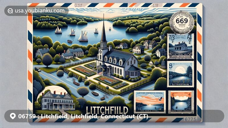 Creative modern illustration of Litchfield, Connecticut, showcasing iconic Tapping Reeve House and Law School, picturesque Bantam Lake, and vintage postage stamps with ZIP code 06759.