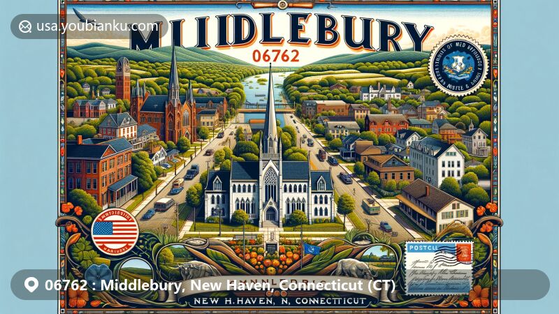 Modern illustration of Middlebury, New Haven County, Connecticut, featuring ZIP code 06762, showcasing historic district with civic and religious buildings, diverse residential structures, and Connecticut state flag.