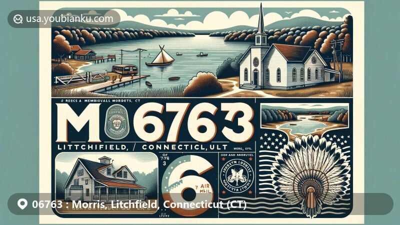 Modern illustration of Morris, Litchfield County, Connecticut, featuring Bantam Lake, a charming New England village with a white Congregational church, and White Memorial Conservation Center, integrating historical Potatuck tribe imagery and postal elements.