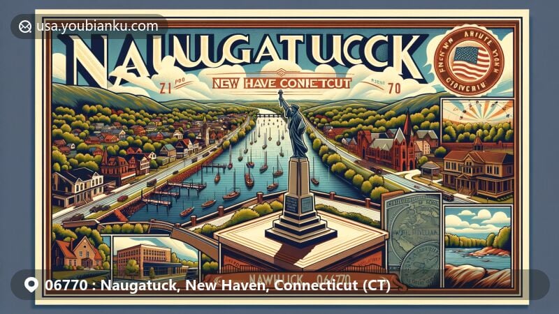 Modern illustration of Naugatuck, New Haven, Connecticut, featuring Naugatuck River, World War Monument, Whittemore Glen State Park, and postal elements with ZIP code 06770. Balancing town's history, natural beauty, and modern vibe.