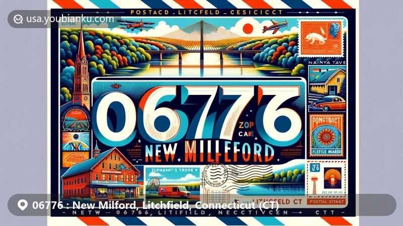Modern illustration of New Milford, Litchfield, Connecticut (CT), showcasing zipcode 06776 with vibrant postal theme, featuring Lover's Leap Bridge, Elephant's Trunk Flea Market, and Candlewood Lake.