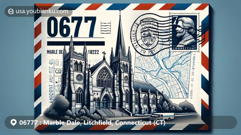 Modern illustration of Marble Dale, Litchfield County, Connecticut, featuring a stylized airmail envelope with St. Andrew's Episcopal Church and state flag, showcasing ZIP code 06777.