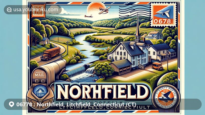 Modern illustration of Northfield, Litchfield County, Connecticut, featuring historical Northfield Knife Company and Knife Shop Dam, showcasing Humaston Brook State Park and the iconic Litchfield Law School.