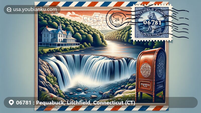 Vivid illustration of Pequabuck Falls, a scenic waterfall in Plymouth, Connecticut, representing the natural beauty of the region, with iconic Pequabuck River flowing through, vintage stamp with '06781', ornate postmark, and classic American mailbox.