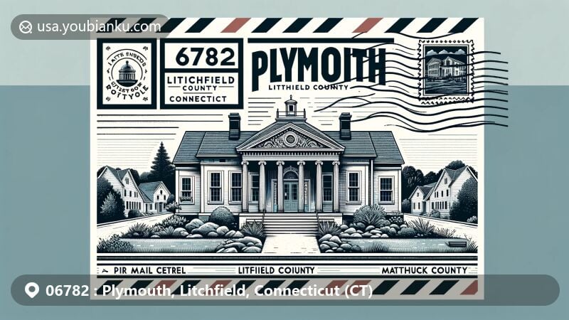 Modern postal-themed illustration of Plymouth, Litchfield County, Connecticut, showcasing Greek Revival architecture, Mattatuck State Forest, and ZIP code 06782.