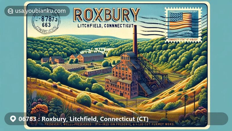 Modern illustration of Mine Hills Preserve in Roxbury, Litchfield, Connecticut, depicting a well-preserved 19th-century iron mine and furnace works, surrounded by lush greenery of Litchfield Hills. Styled as an old-fashioned airmail envelope with Connecticut state flag stamp and ZIP code 06783.
