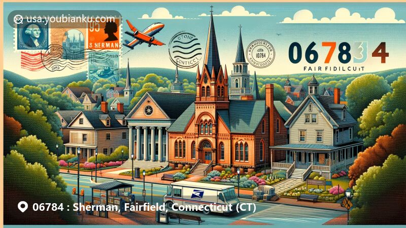 Creative illustration of Sherman, Fairfield, Connecticut, showcasing postal theme with ZIP code 06784, featuring historic buildings and Gothic Revival church, intertwined with postal elements like airmail envelope and stamps.