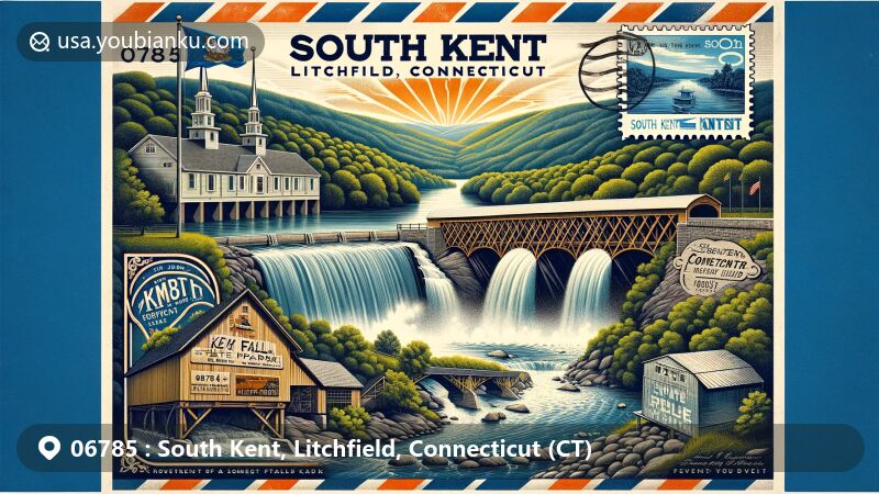 Modern illustration of South Kent, Litchfield County, Connecticut, featuring a classical airmail envelope showcasing Kent Falls State Park with waterfalls, Bull's Bridge, South Spectacle Lake, Catskill and Taconic Mountains, and Connecticut state symbols.