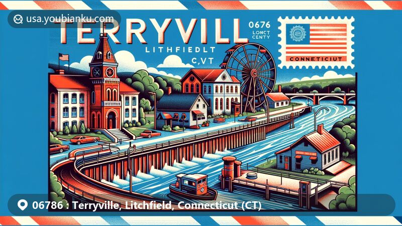 Modern illustration of Terryville, Litchfield County, Connecticut, showcasing postal theme with ZIP code 06786, featuring Lock Museum of America, water wheel, and Connecticut state flag.