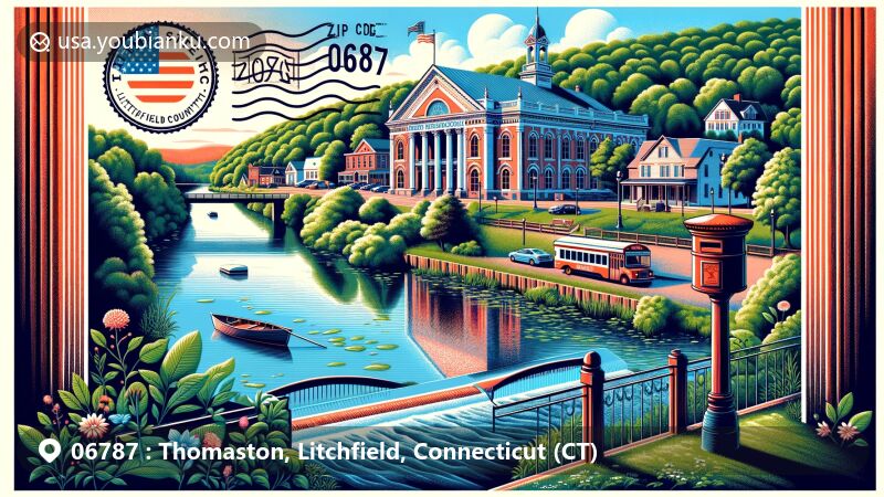 Modern illustration of Thomaston, Litchfield County, Connecticut, featuring Thomaston Opera House, Naugatuck River, Northfield Brook, and Black Rock Brook, with vintage postal elements like ZIP Code 06787 stamp and old-fashioned postbox or mail van, set against lush landscape of southeastern Litchfield County.