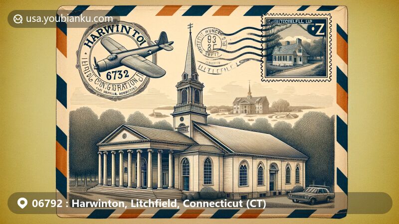 Modern illustration of Harwinton, Litchfield, Connecticut, showcasing vintage airmail envelope with colonial revival architecture of Harwinton Congregational Church and Greek Revival style of T. A. Hungerford Memorial Library, featuring Naugatuck River and Connecticut map outline, highlighting ZIP code 06792.