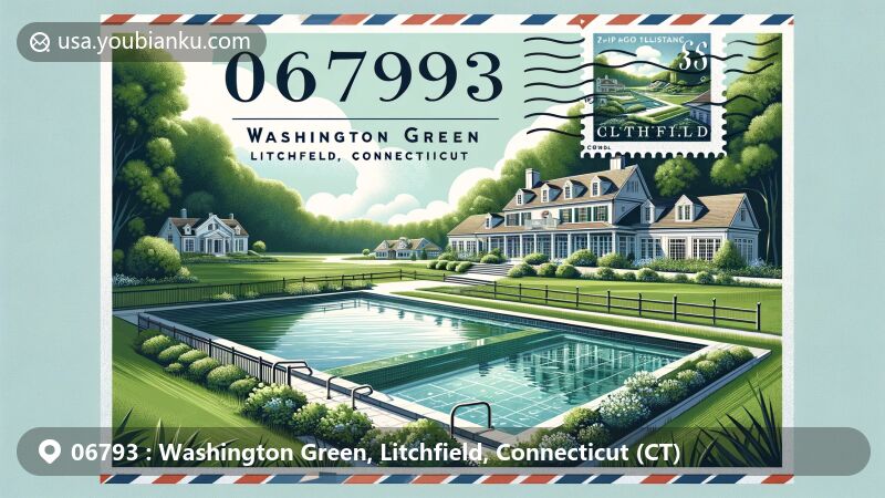 Modern illustration of Washington Green, Litchfield County, Connecticut, showcasing luxurious country estate surrounded by lush greenery and elegant inground pool, highlighting serene and picturesque environment with postal theme.