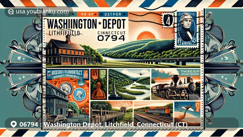 Modern illustration of Washington Depot, Litchfield County, Connecticut, capturing scenic countryside, Gunn Historical Museum, Hickory Stick Bookshop, and Thoreau Bridge in Hidden Valley Preserve, integrated with postal elements like stamps and postmark featuring ZIP code 06794.