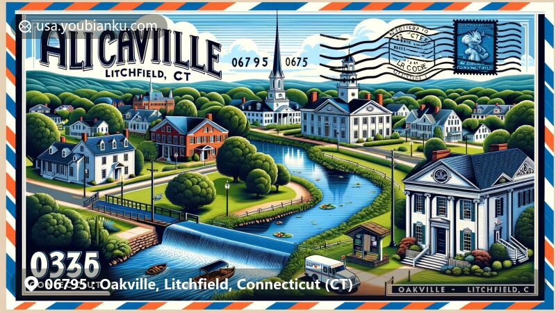 现代插图展示了连接康涅狄格州Oakville和Litchfield的邮政编码06795，呈现了Steele Brook流过该镇，通往Pin Shop Pond的美景，以及象征交通连通性的康涅狄格州8号公路。背景显示了历史悠久的Litchfield历史区，展示了乔治亚风格建筑和丰富历史。整幅画以航空邮件信封风格设计，包含州旗邮票、邮戳和经典邮政元素。