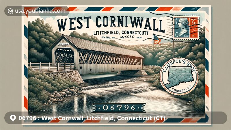 Modern illustration of West Cornwall, Litchfield County, Connecticut, depicting iconic covered bridge with Town lattice truss and red-spruce timbers over Housatonic River, surrounded by lush greenery, featuring Connecticut state flag and vintage air mail envelope with ZIP code 06796.