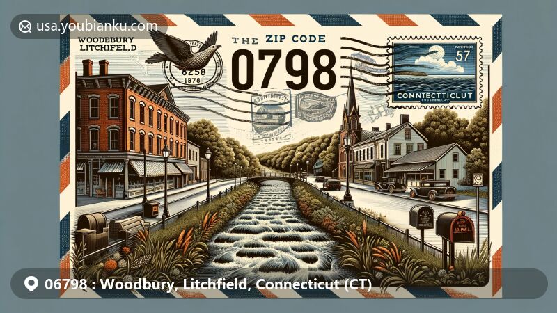 Vintage illustration of Woodbury, Litchfield County, Connecticut with ZIP code 06798, featuring historic district and Pomperaug River valley, incorporating Connecticut state flag design.