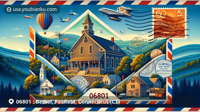 Modern illustration of Bethel, Fairfield County, Connecticut, featuring a retro airmail envelope with ZIP code 06801, showcasing Rev. John Ely House, Plumtrees School House, iconic hat symbol, Connecticut state flag, Duracell headquarters stamp, and postmark.