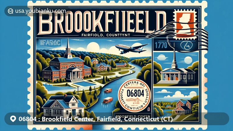 Modern illustration of Brookfield Center, Fairfield County, Connecticut, showcasing airmail envelope style with ZIP code 06804, featuring historic district, architecture styles, serene landscape, parks, and Candlewood Lake.