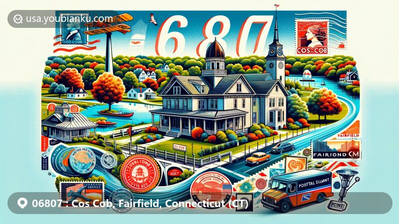 Modern illustration of Cos Cob, Fairfield County, Connecticut, showcasing Bush-Holley House, Cos Cob Power Plant, and Mianus River, infused with postal elements and vintage postal truck.