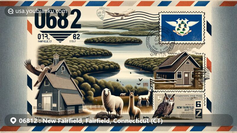 Modern illustration of New Fairfield, Fairfield County, Connecticut, representing ZIP code 06812, featuring Candlewood Lake, Green Chimneys Farm & Wildlife Center, Squantz Pond State Park, Connecticut state flag, and postal elements.