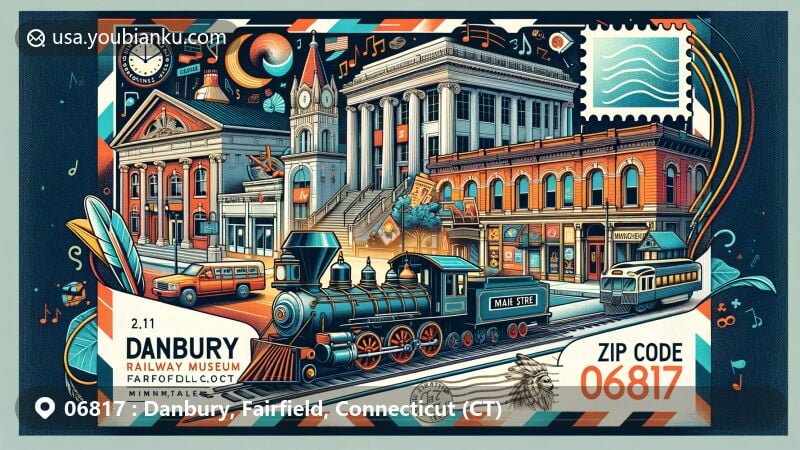 Modern illustration of Danbury and Fairfield County, Connecticut, featuring ZIP code 06817, showcasing Danbury Railway Museum, Danbury Music Centre, Main Street Historic District, Palace Theatre, and Schaghticoke Tribe culture, with postal theme including stamp, postmark, and ZIP Code 06817.