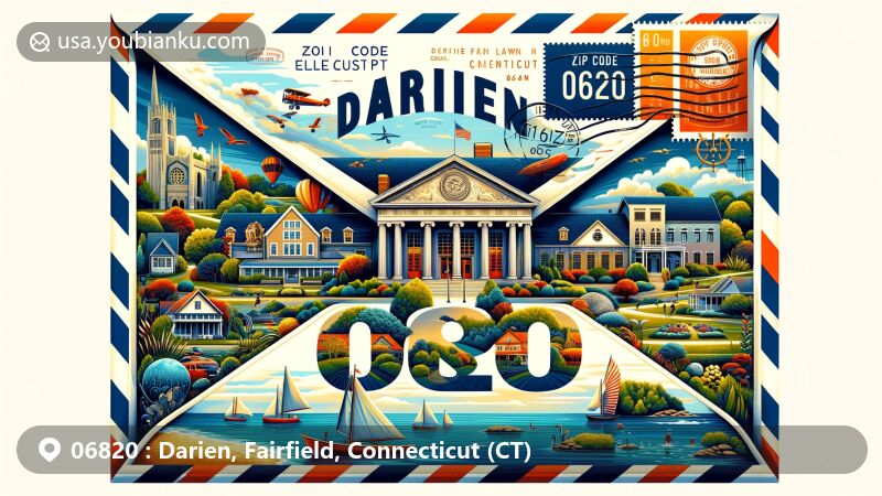 Modern illustration of Darien, Fairfield County, Connecticut, featuring vintage airmail envelope with ZIP code 06820, showcasing Darien Library, Cherry Lawn Park, and Mather Homestead, surrounded by coastal scenes and local flora and fauna.