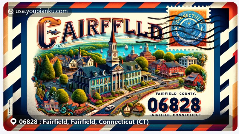 Creative illustration of Fairfield, Fairfield County, Connecticut, featuring ZIP code 06828, showcasing historic town center and iconic Connecticut state symbols.