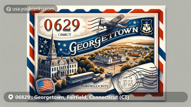 Modern illustration of Georgetown, Fairfield, Connecticut, showcasing postal theme with ZIP code 06829. Features Connecticut state flag, artistic depiction of Georgetown Historic District, vintage postal stamp with '06829 Georgetown, CT', and airmail elements.