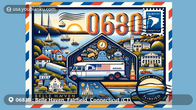 Modern illustration of Belle Haven, Fairfield County, Connecticut, featuring a prominent airmail envelope with ZIP code 06830, showcasing local landmarks and symbols like the Bruce Museum of Arts and Science, Greenwich Station, and coastal scenery of Fairfield County.