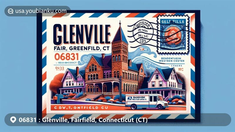 Modern illustration of Glenville area, Fairfield County, Connecticut, inspired by airmail envelope design, showcasing historic architecture and community landmarks, including Bendheim Civic Center.