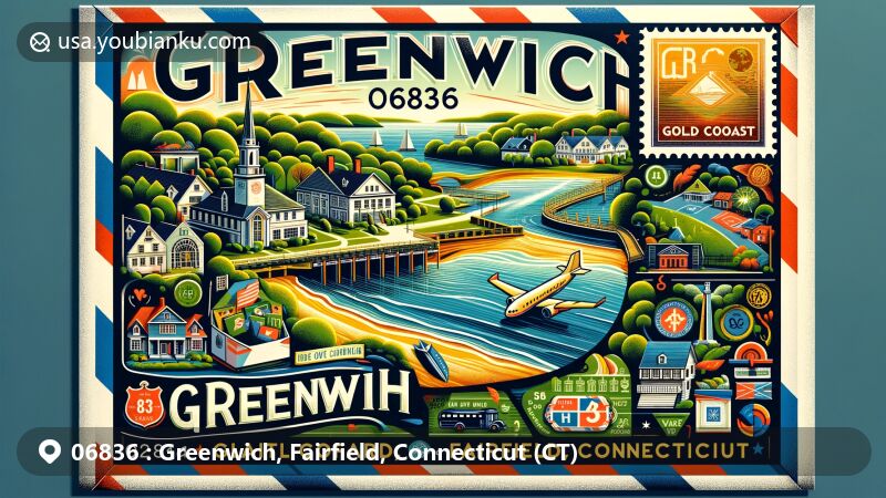 Modern illustration of Greenwich, Fairfield, Connecticut, showcasing postal theme with ZIP code 06836, featuring Long Island Sound, Bruce Museum, Putnam Cottage, Gold Coast, and Fairfield County postmark.