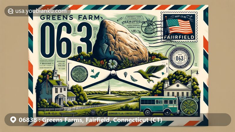 Modern illustration depicting Greens Farms, Fairfield, Connecticut with postal theme showcasing ZIP code 06838, featuring Machamux Boulder, Fairfield historical landmarks, Paugussett Native American symbols, and vintage postal elements.