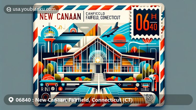 Modern illustration of New Canaan, Fairfield, Connecticut, featuring a stylized air mail envelope with ZIP code 06840, iconic Philip Johnson Glass House, mid-century modern architecture, and Connecticut state flag.