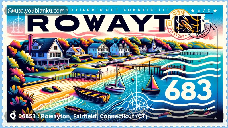 Vibrant illustration of Rowayton, Fairfield, Connecticut, portraying coastal charm and historic architecture, with a large stamp featuring ZIP code 06853, local yacht club motifs, and seafood elements.