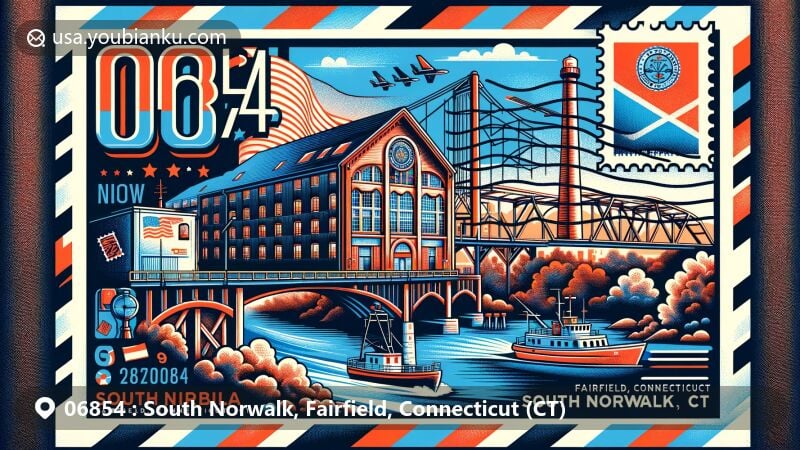 Modern illustration of South Norwalk, Fairfield County, Connecticut, highlighting postal theme with ZIP code 06854, featuring Norwalk Harbor, Maritime Aquarium, South Norwalk Railroad Bridge, and Connecticut state symbols.