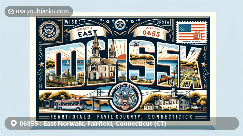 Modern illustration of East Norwalk, Fairfield County, Connecticut, depicting historical cemetery, Overton's food stand, and Veterans Memorial Park, with scenic seascape, showcasing ZIP code 06855 and iconic postal elements.