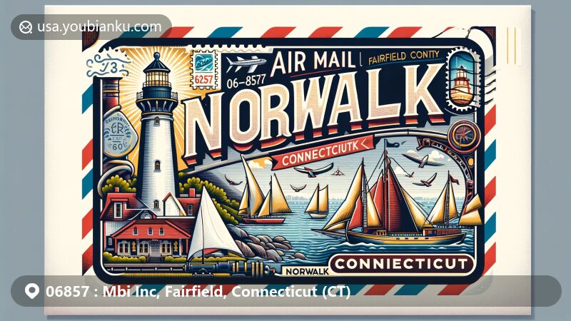 Modern illustration of Norwalk, Fairfield County, Connecticut, featuring postal theme with ZIP code 06857, showcasing lighthouse, sailboats, and a train station.