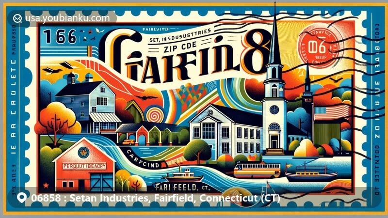 Modern illustration of Fairfield, Connecticut, showcasing historic landmarks like Burr Homestead and Fairfield Beach, creatively incorporating postal elements with vintage postcard layout and Connecticut state flag.