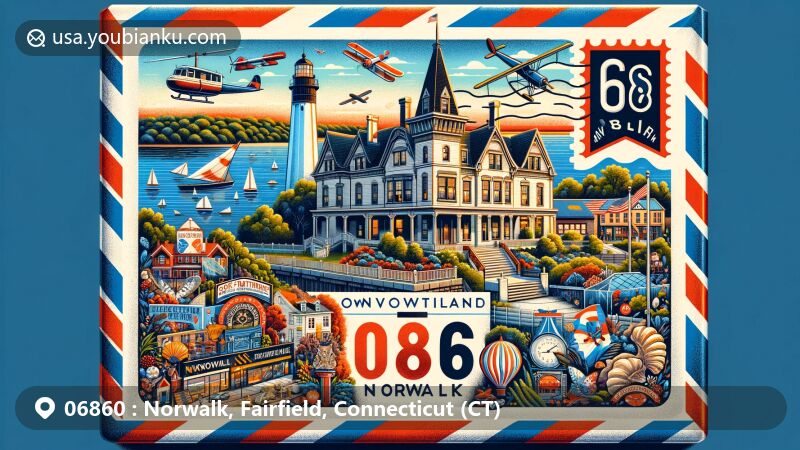 Modern illustration of Norwalk, Fairfield County, Connecticut, showcasing postal theme with ZIP code 06860, featuring Lockwood-Mathews Mansion, Sheffield Island Lighthouse, SoNo district, Norwalk Oyster Festival, Stepping Stones Museum, Calf Pasture Beach, Connecticut state symbols, and Fairfield County map outline.