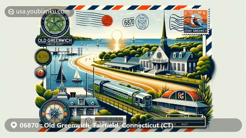 Modern illustration of Old Greenwich, Fairfield County, Connecticut, portraying picturesque seaside scene with Long Island Sound in the background and artistic representation of Old Greenwich Railroad Station in the foreground, symbolizing past industrial elements.