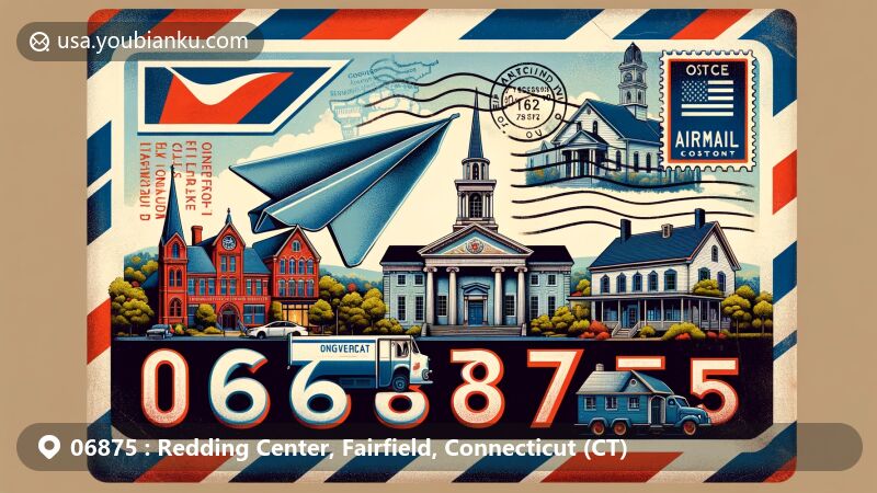 Vintage illustration of Redding Center, Fairfield County, Connecticut, showcasing a retro airmail envelope design with ZIP code 06875, featuring landmarks like the Congregational Church and architectural styles representing Colonial, Greek, and Italianate influences.