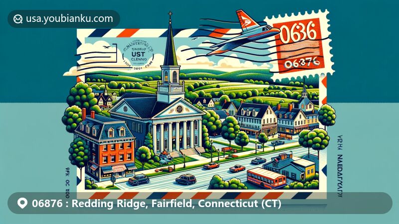 Modern illustration of Redding Ridge, Fairfield County, Connecticut, showcasing postal theme with ZIP code 06876, featuring Redding Center Historic District, First Church of Christ, and green pastoral landscape.