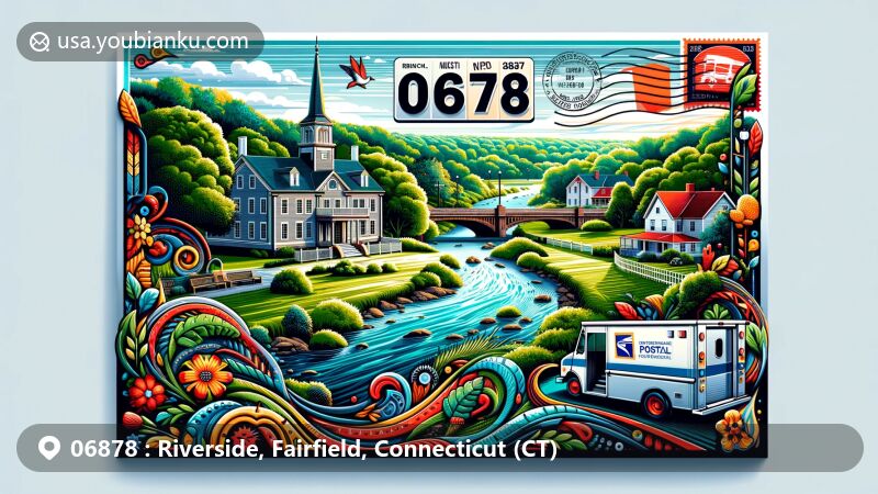 Modern illustration of Riverside, Fairfield County, Connecticut, featuring picturesque Mianus River landscape, historic Samuel Ferris House from 1760, and vibrant postal theme with ZIP code 06878.